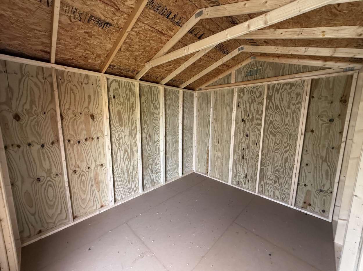 Inside framing of a twelve by 10 utility shed