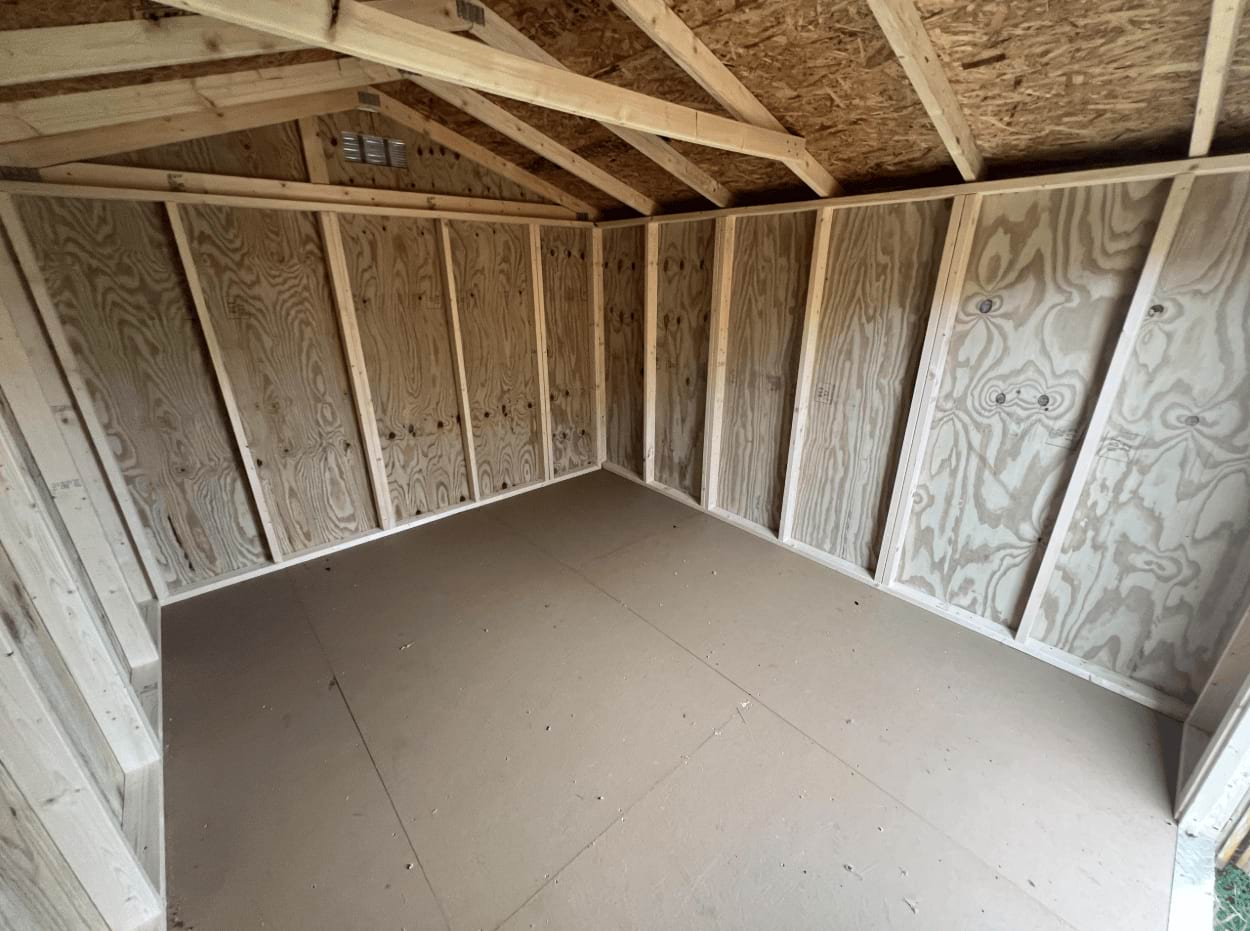 inside framing of a ten by twelve utility shed