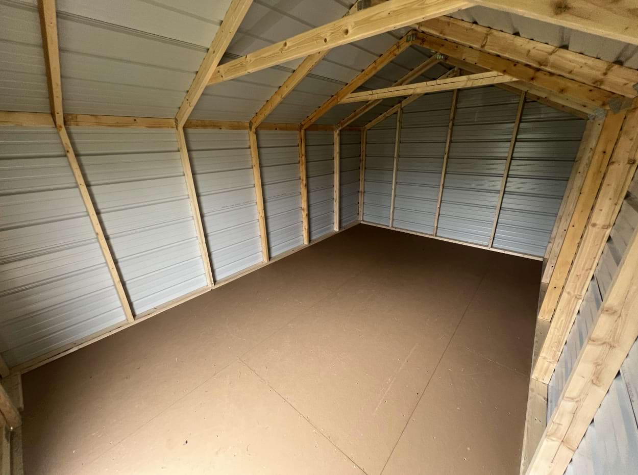 inside framing and siding of a ten by sixteen metal shed