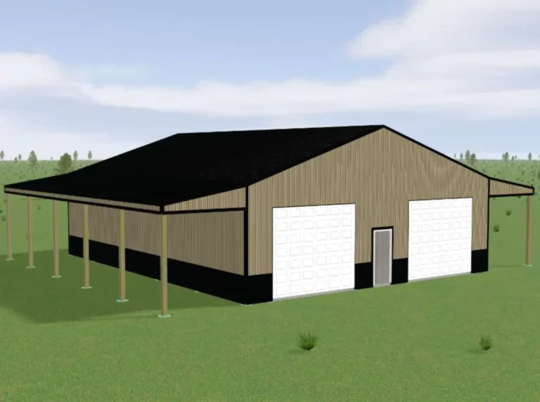 3D mockup of a Custom 40X50X12 Garage with 2 Lean-tos on each end