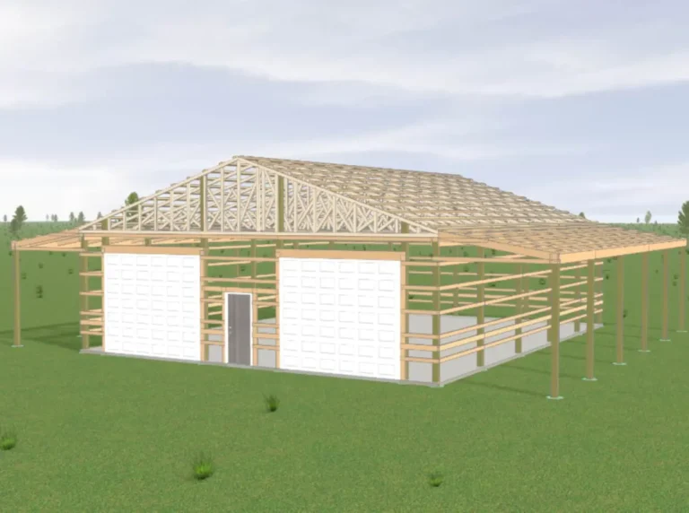 3D mockup of a Custom 40X50X12 Garage with 2 Lean-tos on each end