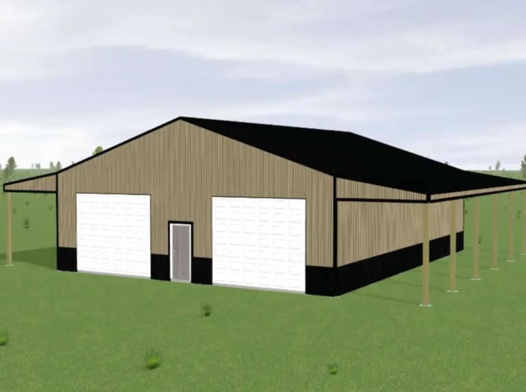 3D mockup of a Custom 40X50X12 Garage with 2 Lean-tos on each end