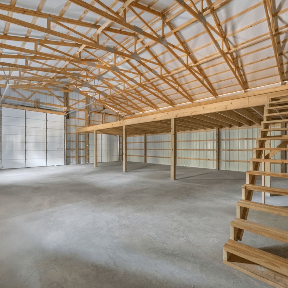 Scissor wooden trusses inside a garage