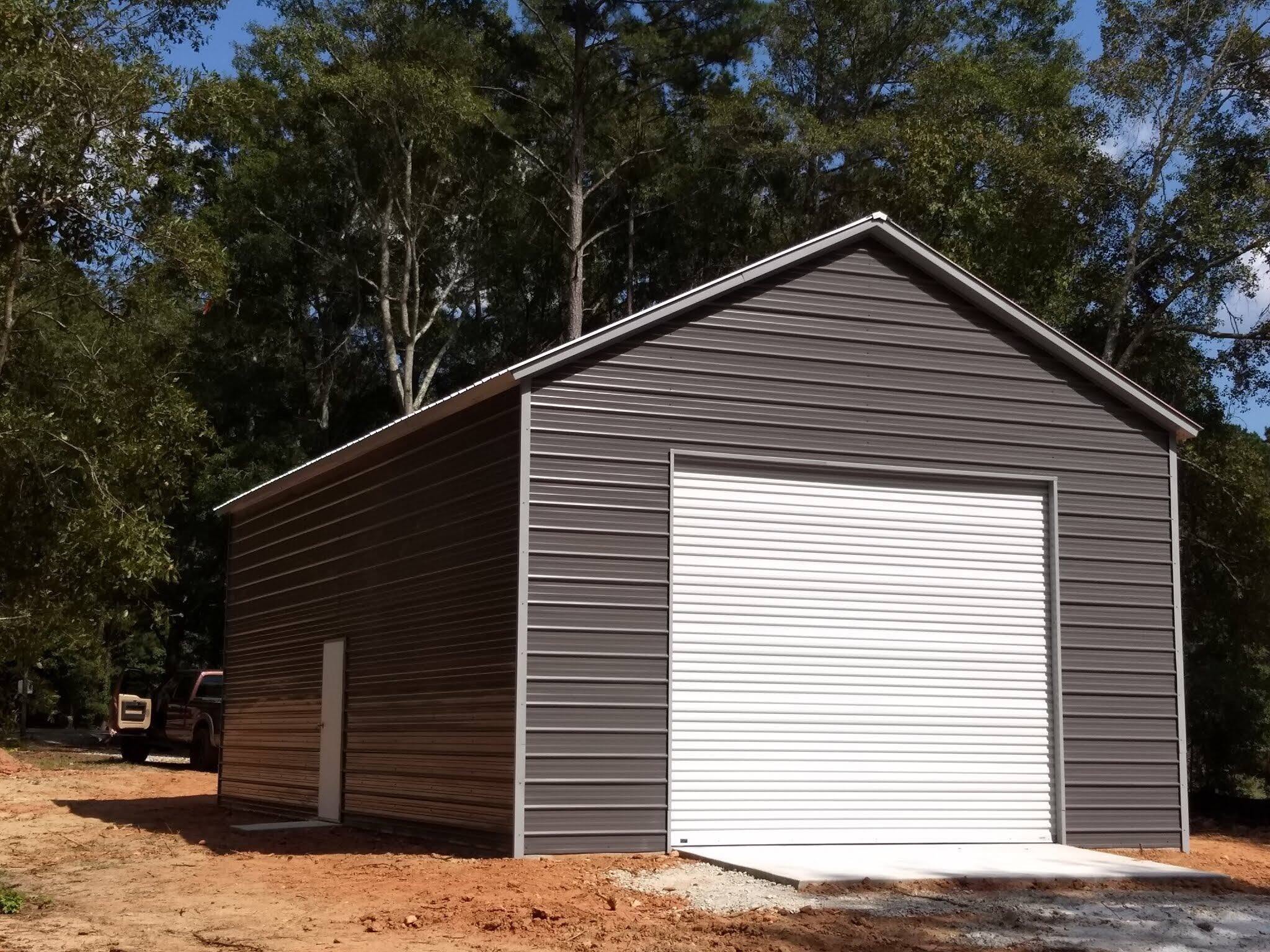 Inside a fully enclosed steel garage building