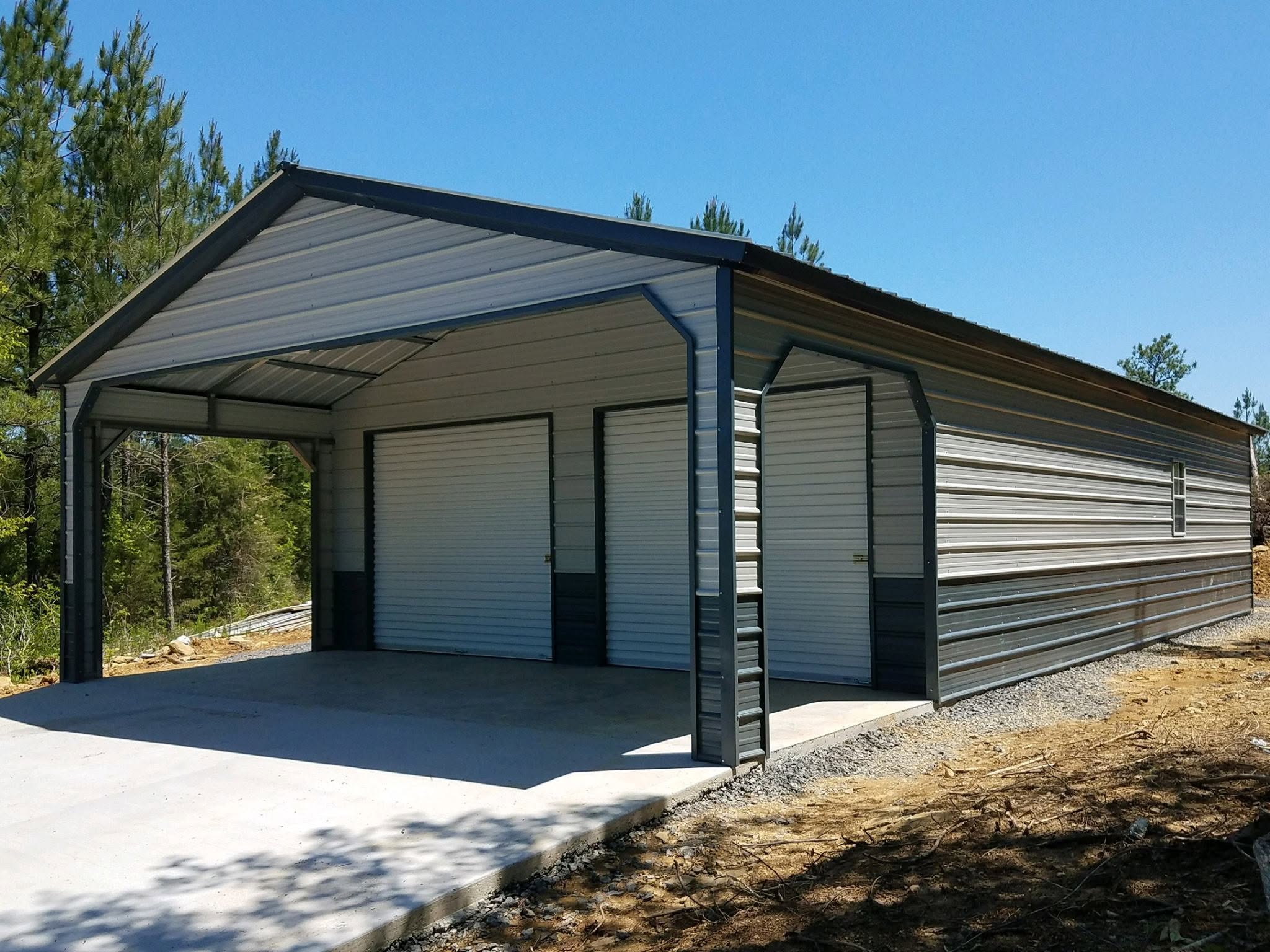 Steel garage with attached lean-to carport