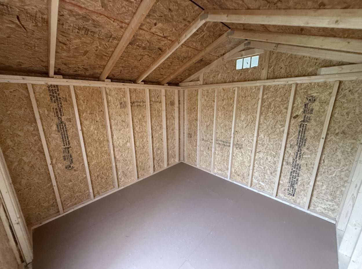 Inside framing of a ten by ten Utility shed